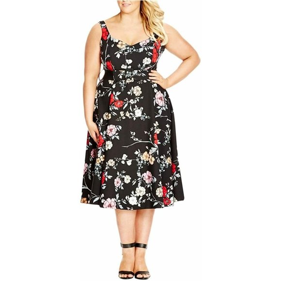 City Chic Black Climbing Floral V-Neck Fit & Flare Tea Length Midi Dress XS 14 - Picture 6 of 7